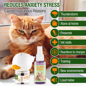 Cat calming diffuser and spray helping to reduce stress and anxiety from various triggers like storms and loud noises.