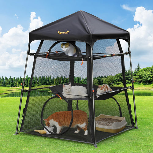 Rywell extra large cat enclosure in a sunny outdoor setting with multiple cats playing and resting inside.