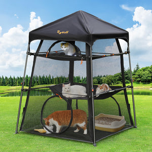 Rywell extra large cat enclosure in a sunny outdoor setting with multiple cats playing and resting inside.