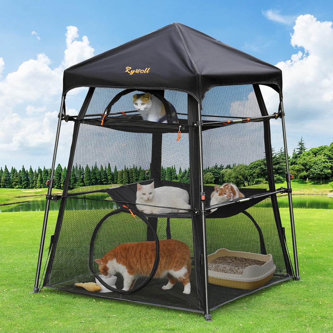 Rywell extra large cat enclosure in a sunny outdoor setting with multiple cats playing and resting inside.