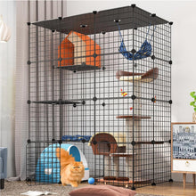 Large cat enclosure playpen with platforms and toys for indoor/outdoor use, suitable for 1-4 cats.
