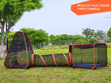 Portable cat playpen with tunnels in outdoor setting, featuring pop-up design for easy transport and assembly.