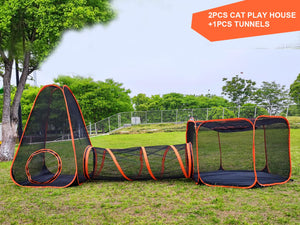 Portable cat playpen with tunnels in outdoor setting, featuring pop-up design for easy transport and assembly.