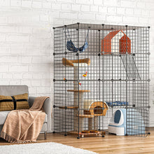 Large cat enclosure playpen with platforms and toys, suitable for 1-4 cats, set against a modern living room backdrop.