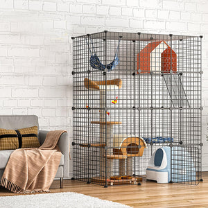 Large cat enclosure playpen with platforms and toys, suitable for 1-4 cats, set against a modern living room backdrop.