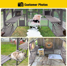 Customer photos of a large wooden catio enclosure featuring bridges, platforms, and cozy spaces for cats.
