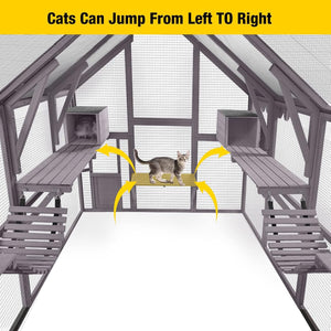 Wooden catio with bridges and sleeping caves, showcasing a cat jumping between platforms.