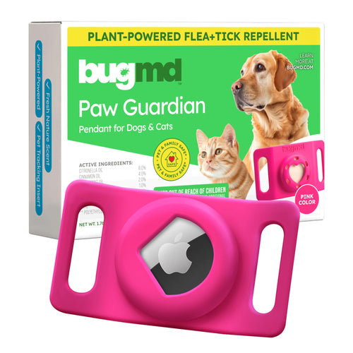 BugMD Paw Guardian pink flea and tick prevention pendant with AirTag holder for dogs and cats.
