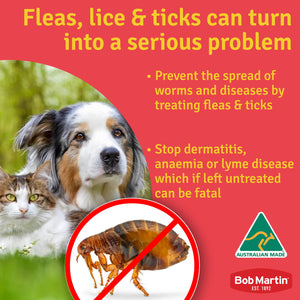 Image highlighting Bob Martin brand benefits: flea, lice, and tick control for pets, with prevention tips and warnings.