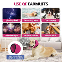 Collage of dog calming ear muff uses: lightning, swimming, outdoor play, fireworks, ear care, and shower protection.