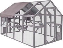 Large wooden cat enclosure with roof cover, bridges, and multiple levels for outdoor play.