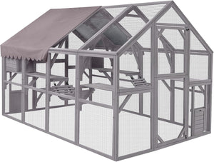 Large wooden cat enclosure with roof cover, bridges, and multiple levels for outdoor play.