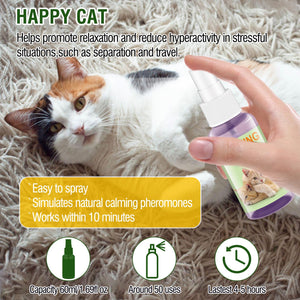 Cat enjoying calming spray for relaxation, highlights easy use and fast acting formula.