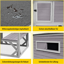 Collage of features for outdoor cat house: weatherproof roof, secure door, sturdy corner supports, and sliding ventilation window.