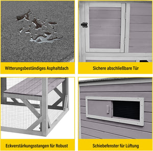 Collage of features for outdoor cat house: weatherproof roof, secure door, sturdy corner supports, and sliding ventilation window.