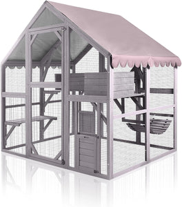 Seiyierr Catio outdoor cat enclosure features wooden design, platforms, bridge, and waterproof UV cover.