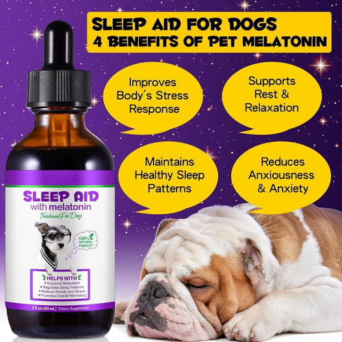 Sleep aid for dogs, melatonin benefits, improves stress response, supports relaxation, maintains sleep patterns, reduces anxiety.