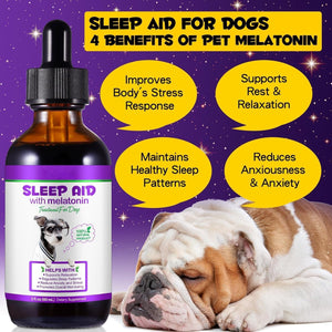 Sleep aid for dogs, melatonin benefits, improves stress response, supports relaxation, maintains sleep patterns, reduces anxiety.