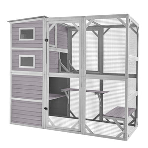 Outdoor cat house with 4 tiers, mesh enclosure, and weatherproof design for cats and small animals.
