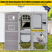 Outdoor cat house with multiple windows and spacious compartments for safe outdoor cat enjoyment.