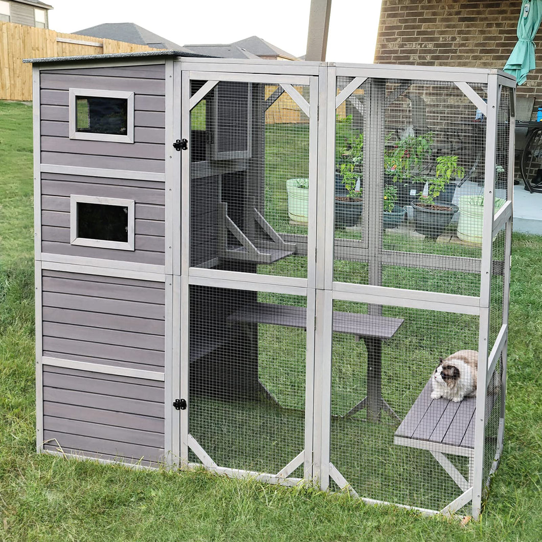 Outdoor cat house with multiple tiers, resting areas, and windows, providing a spacious catio for pets.
