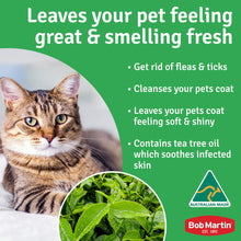 Cat enjoying a fresh coat from Bob Martin, featuring benefits like flea removal and soothing tea tree oil.
