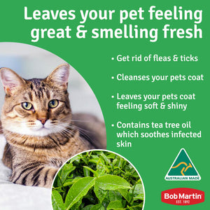 Cat enjoying a fresh coat from Bob Martin, featuring benefits like flea removal and soothing tea tree oil.