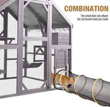Seiyierr cat enclosure with access doors and a tunnel, featuring platforms and a large door for easy access.