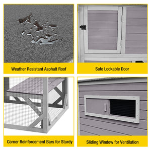 Features of the X-ZONE PET outdoor cat house: weather-resistant roof, safe lockable door, sturdy bars, and sliding window for ventilation.