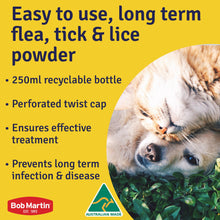 Bob Martin flea, tick, and lice powder features with cats playing, highlighting easy use and effective treatment.