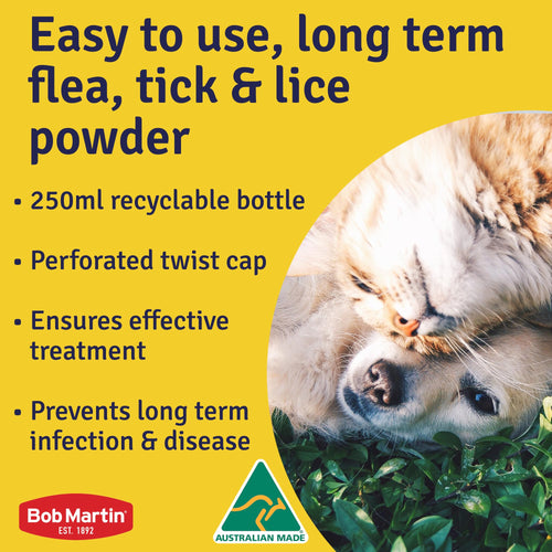 Bob Martin flea, tick, and lice powder features with cats playing, highlighting easy use and effective treatment.
