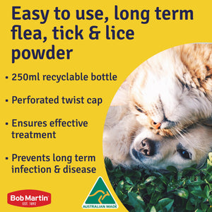 Bob Martin flea, tick, and lice powder features with cats playing, highlighting easy use and effective treatment.