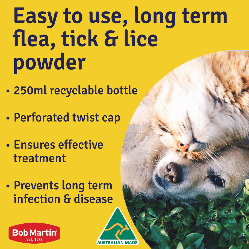 Bob Martin flea, tick, and lice powder features with cats playing, highlighting easy use and effective treatment.
