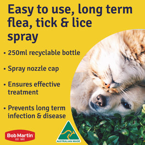 Bob Martin flea, tick & lice spray, 250ml recyclable bottle, easy to use, prevents long-term infection, Australian made.