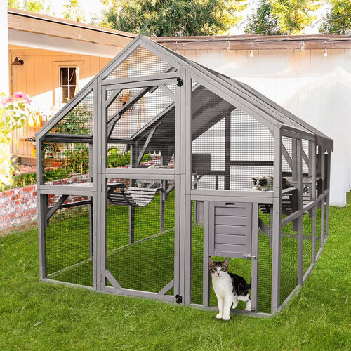 Outdoor wooden cat enclosure with bridges and walking areas, designed for spacious cat play and relaxation.