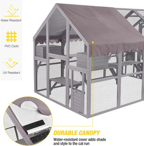 Large outdoor cat enclosure with water-resistant canopy for shade and protection.