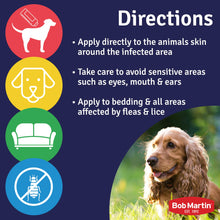 Instructions for using Bob Martin Flea Powder on pets and bedding for effective flea and lice treatment.