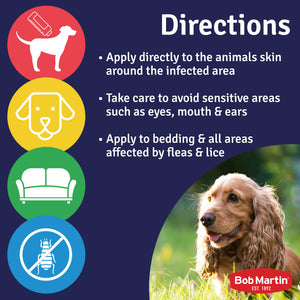 Instructions for using Bob Martin Flea Powder on pets and bedding for effective flea and lice treatment.