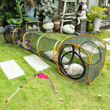 ITENT Cat Play Tunnel and Cube set in backyard, featuring playful cats in the tunnel and colorful toy.