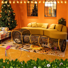 ITENT cat play tunnel and cube set in a cozy living room with a Christmas tree, perfect for indoor pet fun.