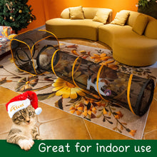 ITENT cat play tunnel and cube set indoors, featuring playful cats with festive decorations.