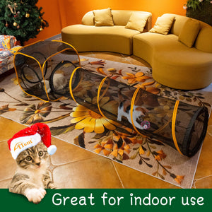 ITENT cat play tunnel and cube set indoors, featuring playful cats with festive decorations.