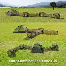 ITENT cat play tunnel and cube set in outdoor field, showcasing multiple combinations for pets to enjoy.