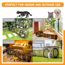 Cats and dogs playing in ITENT Cat Play Tunnel and Cube, showcasing indoor and outdoor use in various settings.