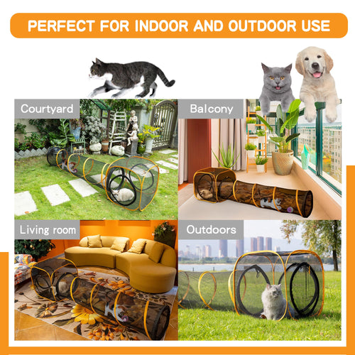 Cats and dogs playing in ITENT Cat Play Tunnel and Cube, showcasing indoor and outdoor use in various settings.