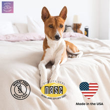 Dog resting on a bed surrounded by quality seals for Healthy Solutions for Pets calming chews, emphasizing natural ingredients.