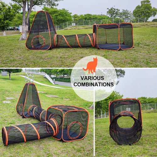 Portable cat playpen outdoor enclosures showcasing various combinations of tunnels and tents in a grassy area.