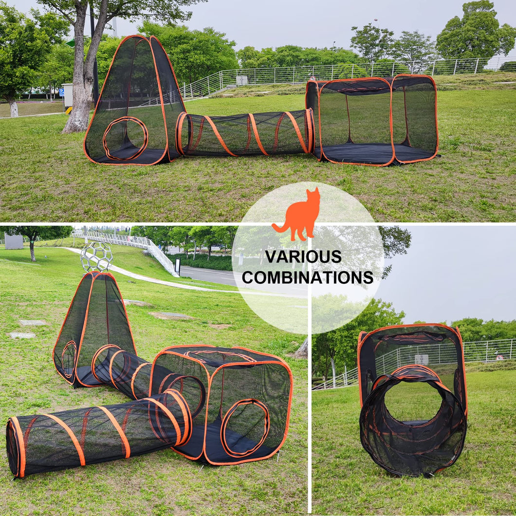 Portable cat playpen outdoor enclosures showcasing various combinations of tunnels and tents in a grassy area.