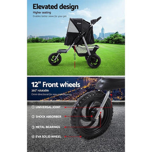 i.Pet 3 Wheels Pet Stroller Dog Cat Carrier Travel Foldable-Black
